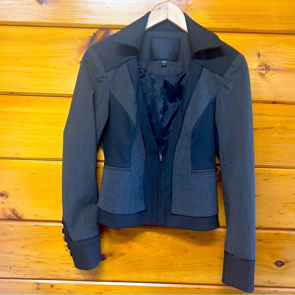 Elegant bebe Collection Half Zip Long Sleeve Collated Lined grey camel Blazer 6 - Picture 1 of 4